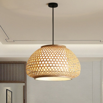 Crisscrossed Weaving Dome Pendant Asian Bamboo 1 Light Restaurant Suspension Lighting in Wood, Small/Large