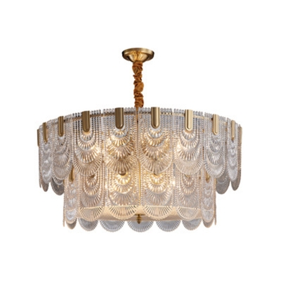 Crystal 1/2-Tiered Scalloped Ceiling Light Postmodern 6/9/10-Bulb Gold Pendant Chandelier, 16