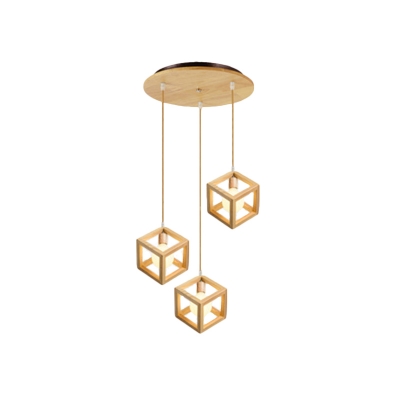 Cube Cage Cluster Pendant Light Modern Wood 3 Lights Dining Table Hanging Lamp with Round/Linear Canopy