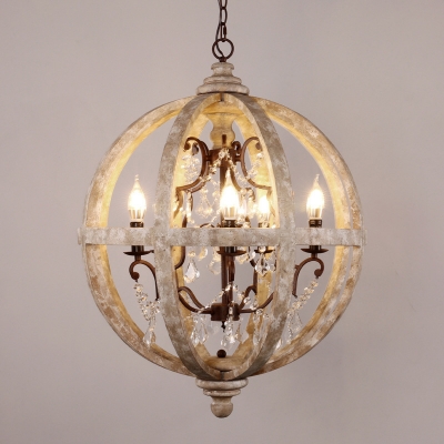 Double Sphere Wood Chandelier Pendant Rustic 5 Lights Bedroom Small/Medium/Large Hanging Light in Distressed White