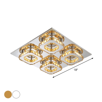 Faceted Cut Crystal Square Ceiling Flush Contemporary 4/6/12-Light Clear/Amber Flush Mount Lighting Fixture