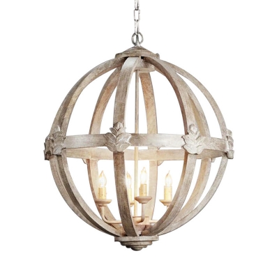 French Country Spherical Chandelier 4 Bulbs Wooden Ceiling Pendant Light in White/Distressed White