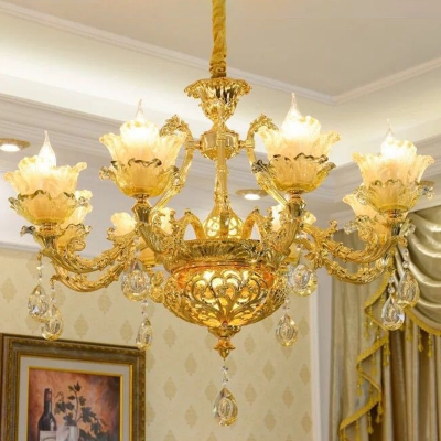 Gold 1/2/3-Tier Floral Chandelier Traditional Carved Amber Glass 15/18/24 Lights Living Room Wall Mount Lamp
