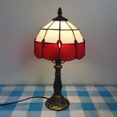 Grid Glass Bowl/Bell/Dome Table Light Tiffany Single Red/Pink/Blue Nightstand Lamp with Plug-in Cord