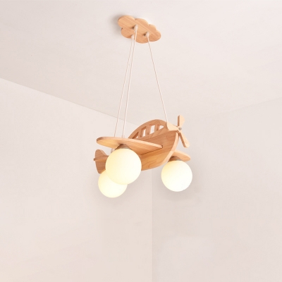 Helicopter Chandelier Pendant Kids Wooden 3 Lights Bedroom Hanging Lamp with Ball Cream Glass Shade