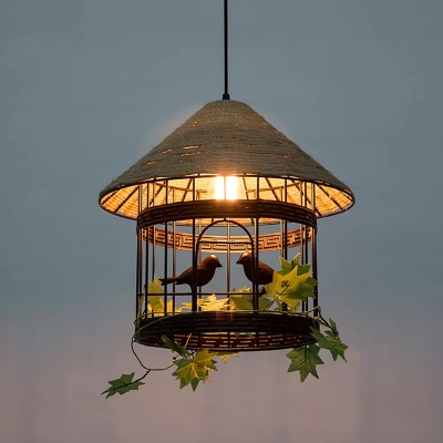 Iron Birdcage Hanging Light Farmhouse 1-Bulb Living Room Pendant Light with Conical Top in Beige