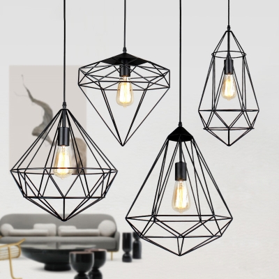 Iron Black Pendant Light Fixture Diamond Shaped Single Vintage Hanging Ceiling Light