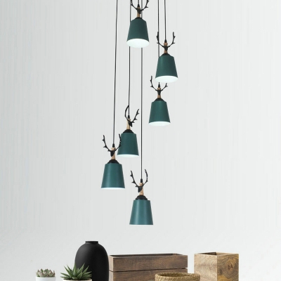 Macaron Tapered Cluster Pendant Metal 6 Bulbs Dining Room Hanging Lamp in Black/White/Grey with Antler Top