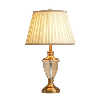 Modern Empire Shade Table Lamp Pleated Fabric Single Living Room Night Light in Beige with K9 Crystal Font