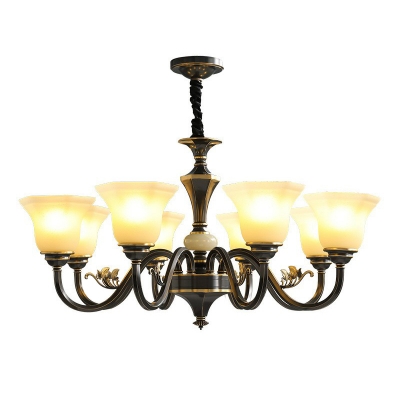 Paneled Bell Milk Glass Hanging Lamp Classic 3/8/12 Lights Dining Room Up Chandelier in Black