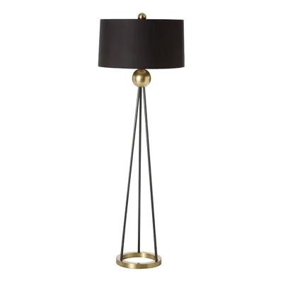 Post-Modern Drum Floor Light Fabric 1 Head Living Room Standing Floor Lamp with Open Cone Base in Black and Brass