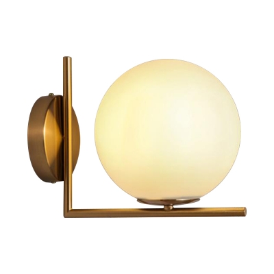 Post-Modern Spherical Wall Light Kit Ivory Glass 1-Light Bedroom Sconce Lamp with Straight/Right Angle Arm in Gold
