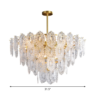 Postmodern 2/3/4 Tiers Chandelier 6/12/16-Light Clear Carved Glass Ceiling Pendant Light in Gold