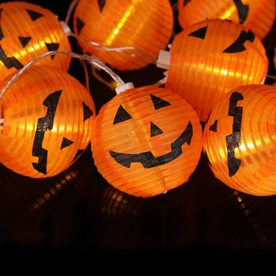 Pumpkin Ball Fabric String Lamp Art Deco 10/20-Light Orange Battery Outdoor Lighting, 3.2/9.8ft