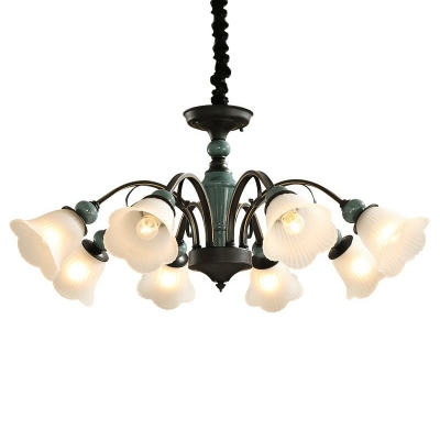 Ribbed Glass Floral Up/Down Chandelier Classic 3/5/8-Bulb Living Room Hanging Light Fixture in Green