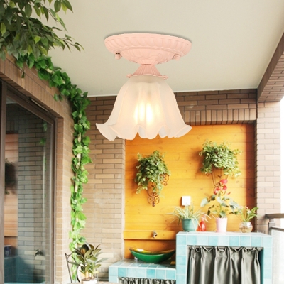 Ruffle Opal Frosted Glass Flush Light Pastoral Flower Single Balcony Semi Flush Ceiling Light in White/Pink/Green