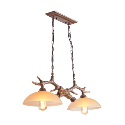 Rustic Bare Branch Island Lamp 2 Lights Wooden Pendant Light in Brown with Bowl Beige Glass Shade