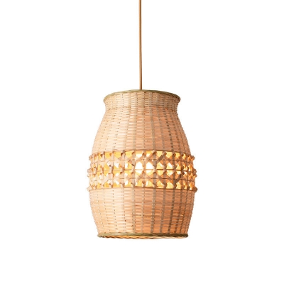 Single Dining Table Pendant Light Asia Wood Ceiling Hang Lamp with Barrel Bamboo Shade
