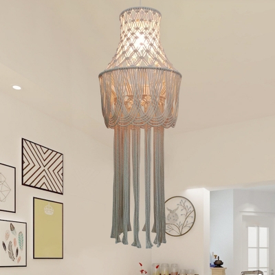 Single Knitted Vase Pendant Light Rustic Beige Hemp Rope Small/Large Ceiling Suspension Lamp with Fringe