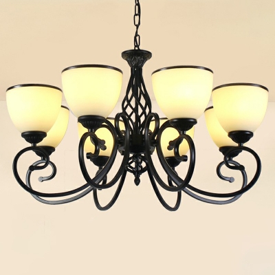 Traditional Bell Chandelier Lighting 3/5/6 Lights White/Tan Glass Ceiling Suspension Lamp in Black for Dining Room