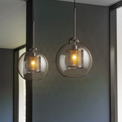 Transparent Glass Sphere Pendant Postmodern 1 Bulb Bronze/Silver Grey Small/Large Ceiling Light with Mesh Cage Inside