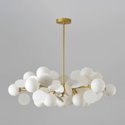 White Multi-Circle Chandelier Light Stylish Modern 10/15-Head Metal Hanging Pendant with Ball Milk Glass Shade