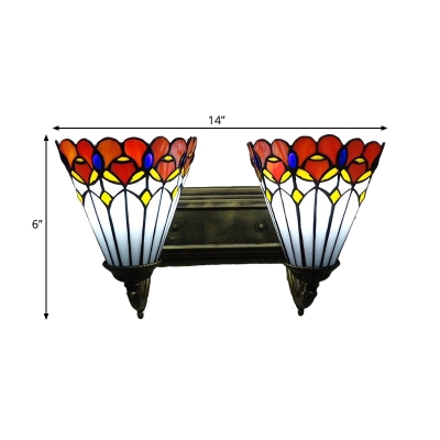 2/3 Bulbs Wall Mounted Lamp Tiffany Conical Stained Glass Sconce Light with Floral Edge in Red