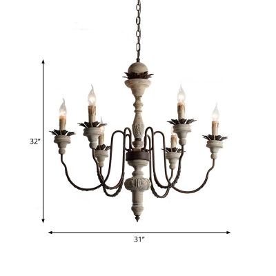 6-Light Wood Suspension Pendant Country Distressed White Candle Restaurant Chandelier