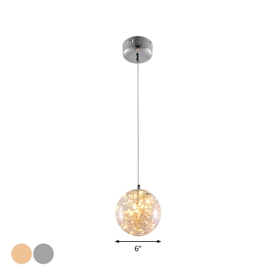 Amber/Smokey Glass Sphere Drop Pendant Modern LED Ceiling Suspension Lamp with Glowing String Inside, 6
