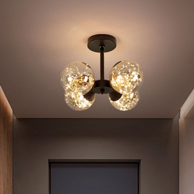 Ball Semi Flush Ceiling Light Modern Starry Glass 4 Lights Black/Gold LED Flush Mounted Lamp for Bedroom