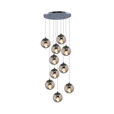 Ball Shaped Cognac Glass Hanging Lamp Modernist 10 Lights Chrome Multi Light Pendant Lighting