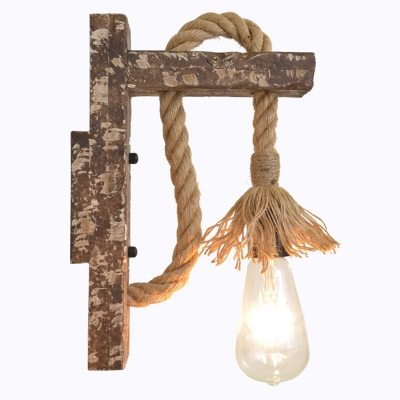Beige 1-Head Wall Hanging Light Lodge Roped Open Bulb Design Wall Lamp with Wood Bracket