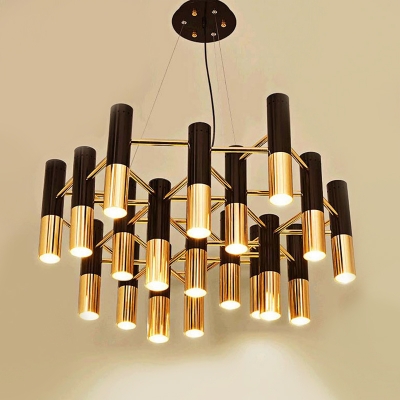 Black and Gold Tube Chandelier Postmodern Style 7/13/19-Bulb Metal Hanging Light Fixture