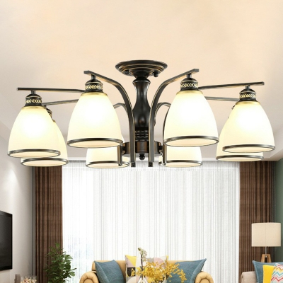 Black/Gold Bell Semi Flush Light Traditional Ivory Glass 3/8/10-Bulb Living Room Ceiling Mount Chandelier