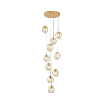 Cognac Dimpled Glass Cup Cluster Pendant Modern 10/15-Light Brass Ceiling Hang Lamp for Living Room