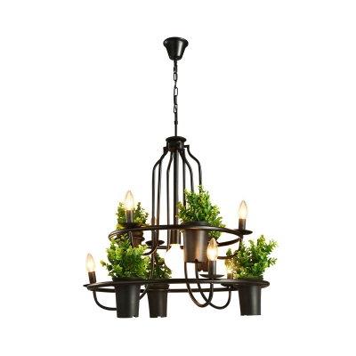 Countryside Artificial Pot Plant Chandelier 7 Bulbs Iron Ceiling Hang Light in Black