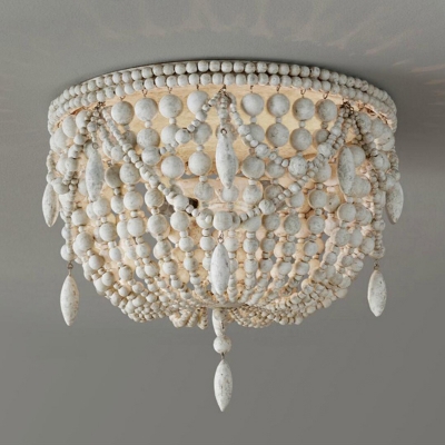 Distressed White Wood Ceiling Lamp Small/Medium/Large Beaded Bowl Shaped 3/5/6 Lights Country Style Flush Mount Light