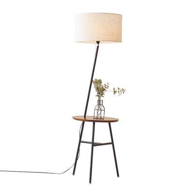 Drum Fabric Floor Lighting Rustic 1-Light Bedroom Reading Floor Lamp in Black/Flaxen with 3-Leg Table
