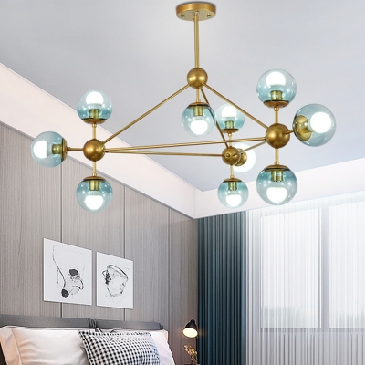 Gold 3D Structure Chandelier Postmodern 10 Bulbs Metal Ceiling Hang Light with Ball Gradient Blue Glass Shade