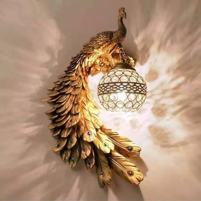 Hemisphere Crystal Wall Lamp Farmhouse 1-Light Living Room Left/Right Sconce Light with Peacock Decor in White/Green/Gold