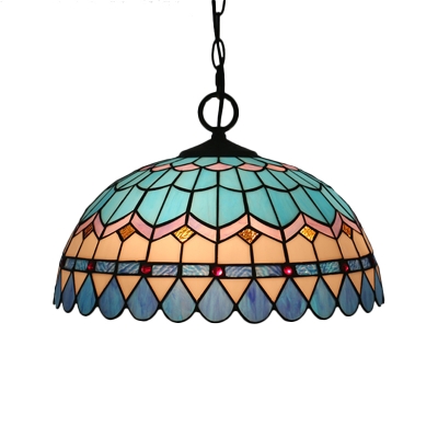 Hemisphere Stained Glass Ceiling Pendant Mediterranean 1-Light Blue Small/Medium/Large Pendulum Light with Chain/Cord