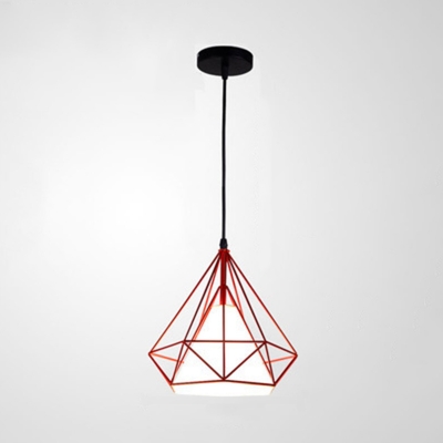 Iron Wire Diamond Pendant Lighting Loft Style 1 Bulb Restaurant Hanging Lamp in White/Red/Blue with Cone Shade Inside