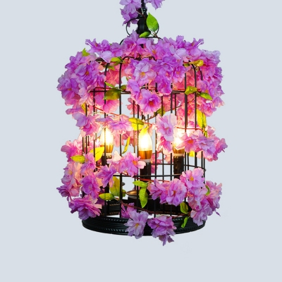Loft Style Wheel/Cage Pendant Light 1 Bulb Wrought Iron Chandelier with Decorative Plant in Purple/Blackish Green