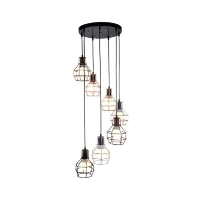 Loft Wire Cage Multi-Pendant 7 Bulbs Iron Hanging Light Fixture in Black for Dining Room