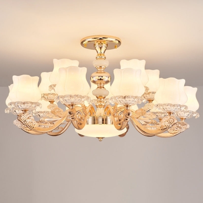 Lotus Bud Milk Glass Chandelier Traditional 10/12/15 Heads Gold Hanging Ceiling Light for Living Room
