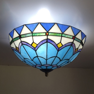 Mediterranean Bowl Flush Ceiling Light 2 Bulbs Handcrafted Glass Flush-Mount Light in Blue