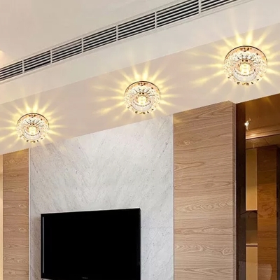 Minimalist LED Flush Mount Lamp White//Tan/Gold Layered Flower Ceiling Light with Crystal Shade