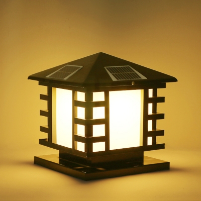Opaque Glass House-Shape Gate Light Farmhouse Outdoor LED Solar Post Lamp in Black, 10