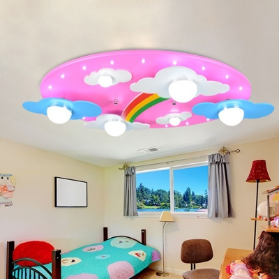Rainbow Cloud Wooden Flushmount Light Cartoon 6 Bulbs Pink Ceiling Light Fixture for Nursery