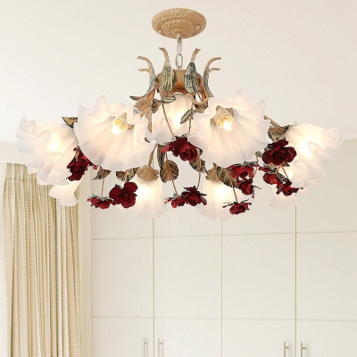 Red 4/6/9-Light Chandelier American Garden Opaline Glass Flower Hanging Ceiling Light for Living Room